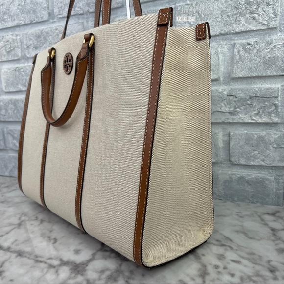 Tory Burch Blake Canvas Jumbo Tote In Natural Classic Cuoio - Picture 5 of 13
